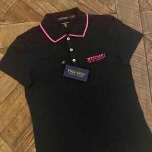 NWT Polo Golf by Ralph Lauren black with pink shirt sleeve polo. Size S